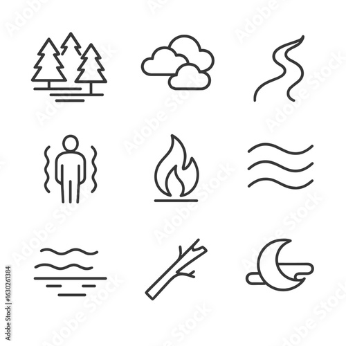 Nature's Uncertainty Icons. Outline icon set of uncertainty in nature: foggy forest, cloudy sky, twisting river, shadowy figure,