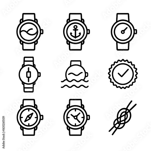 Nautical Icon Set. Outline icon set of nautical watches: tide graph, anchor dial, barometer icon, marine strap, water resistance,