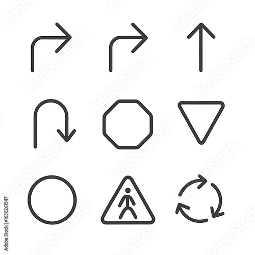 Navigation Icon Set. Outline icon set of navigation instructions: turn left, turn right, go straight, U-turn, stop, yield, speed