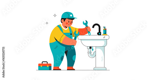 Flat Vector Illustration of a Plumber Fixing a Sink Leak
