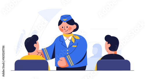 Friendly Flight Attendant Assisting Passengers on Airplane
