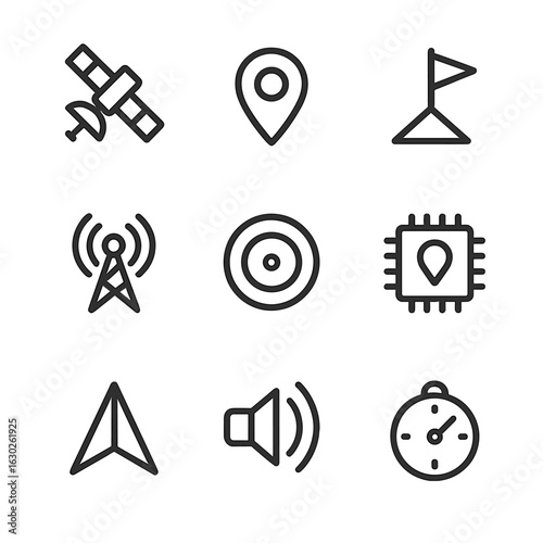 Navigation Icon Set. Outline icon set of navigation signals: GPS satellite, map pin, route beacon, triangulation tower, radar ping