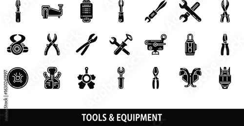 Essential tool set for construction and DIY projects icons