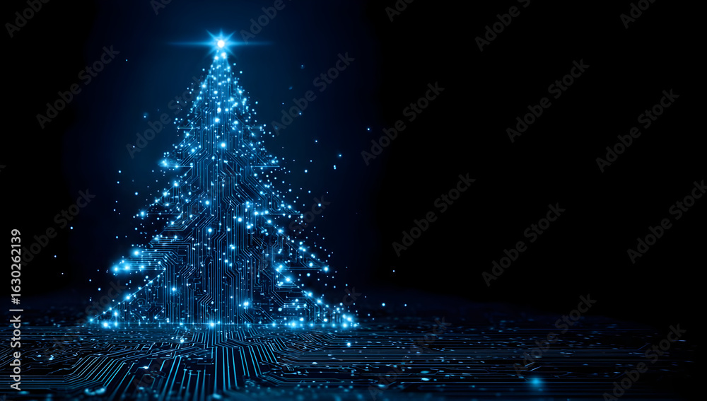 Naklejka premium A vibrant blue Christmas tree glimmering with lights against a dark background, symbolizing holiday joy and celebration in a modern, digital era.