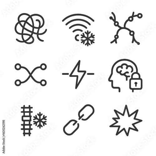 Nerve Blockage Icons. Outline icon set of nerve blockage: tangled wires, frozen signal, broken nerve, static burst, crossed