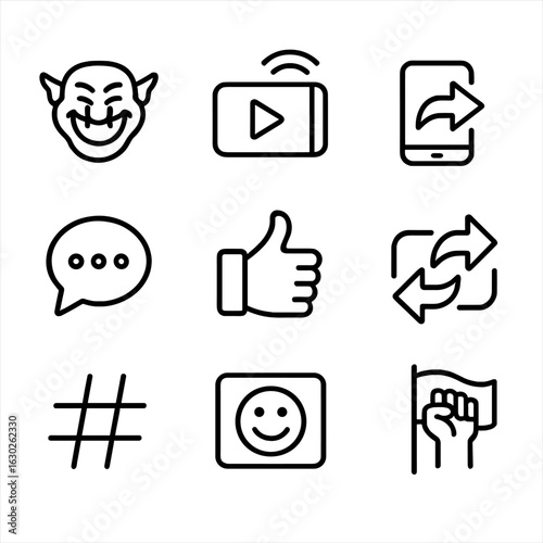 Net Culture Icons. Outline icon set of net culture behaviors: trolling, streaming, sharing, commenting, liking, reposting,