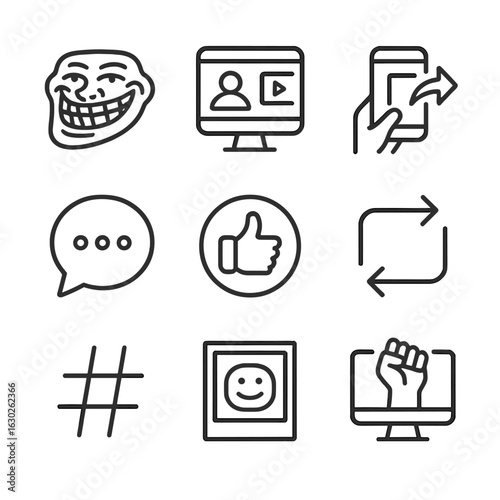 Net Culture Icons. Outline icon set of net culture behaviors: trolling, streaming, sharing, commenting, liking, reposting,