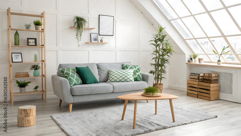Fototapeta premium Bright and airy attic living room with modern furniture and plants