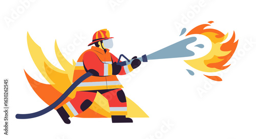 Brave Firefighter Extinguishing Flames Vector
