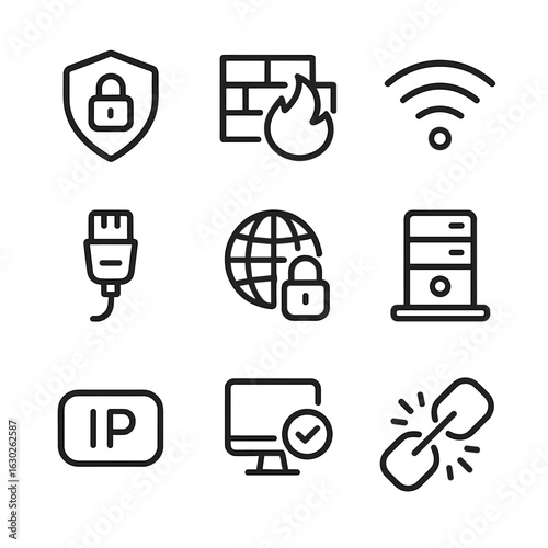 Network Icons Grid. Outline icon set of network access: VPN, firewall, Wi-Fi, ethernet cable, network lock, proxy server, IP