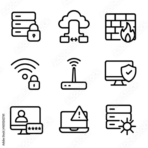 Network Security Icons. Outline icon set of encryption network: secure server, VPN tunnel, firewall, proxy, secured Wi-Fi, access