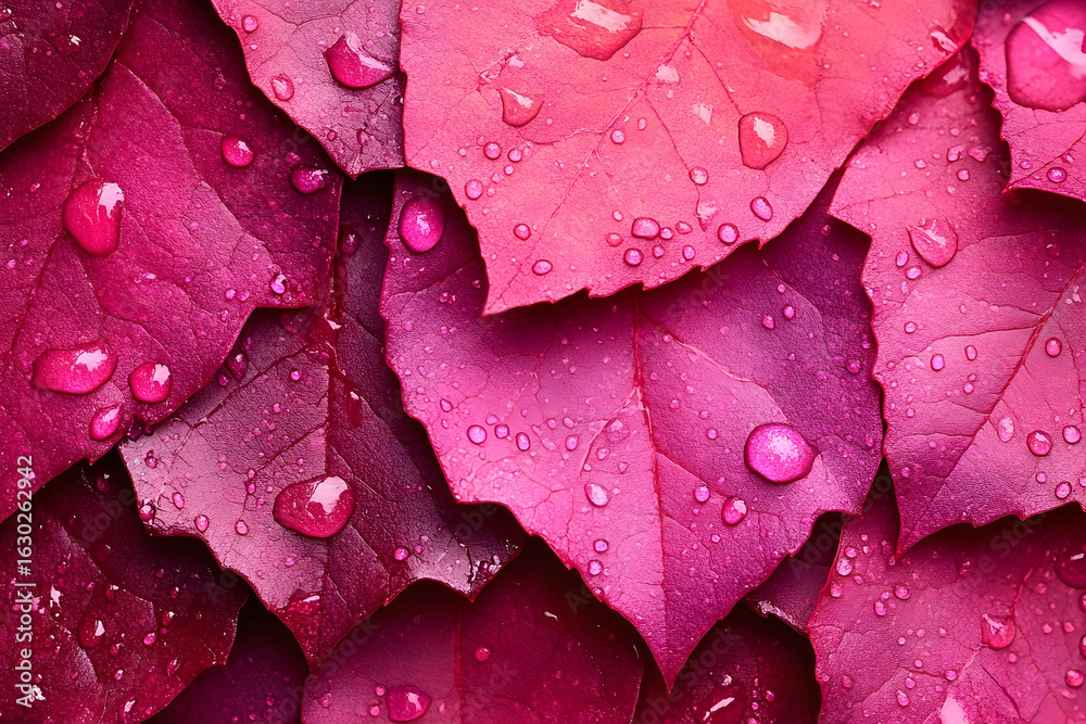 Fototapeta premium Vibrant magenta leaves glistening with raindrops in a close-up b