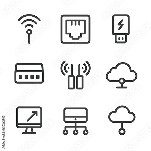 Network Icon Set. Outline icon set of network and connectivity: Wi-Fi antenna, Ethernet port, PoE injector, PoE switch, wireless