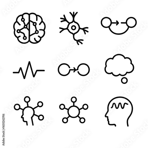 Neural and Business Icon Set. Outline icon set of neural connection: brain network, neuron, synapse, electrical pulse, neural link