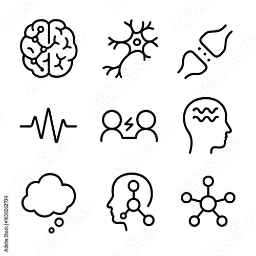 Neural and Business Icon Set. Outline icon set of neural connection: brain network, neuron, synapse, electrical pulse, neural link