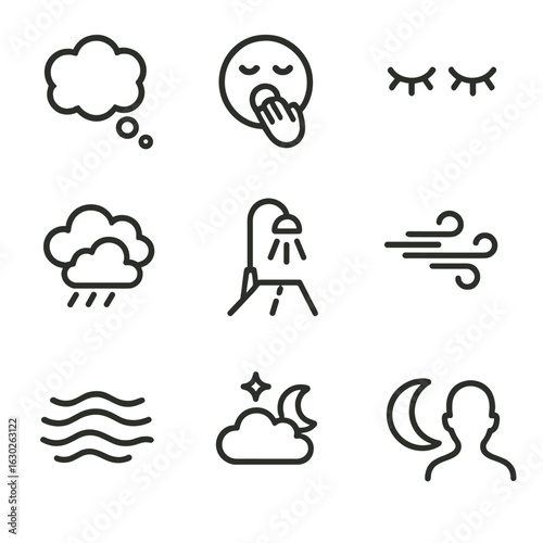 Night and Skeleton Icons. Outline icon set of night moods: dream bubble, yawning face, sleepy eyes, dark clouds, silent street,