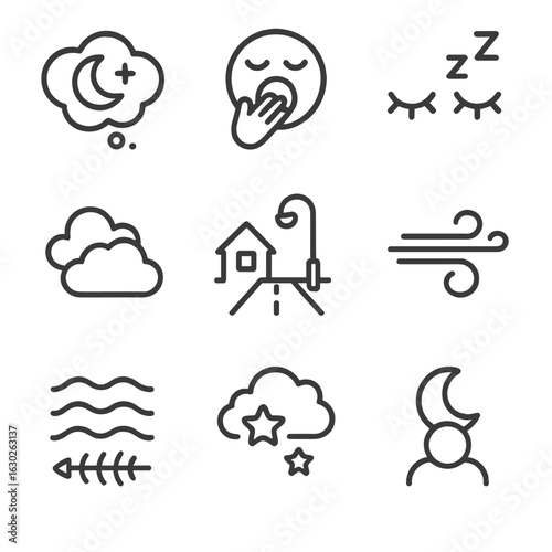 Night and Skeleton Icons. Outline icon set of night moods: dream bubble, yawning face, sleepy eyes, dark clouds, silent street,