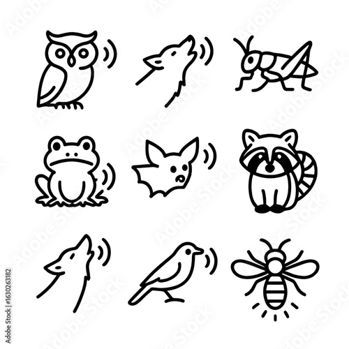 Night Animal Sounds Icons. Outline icon set of night animals sounds: owl hoot, wolf howl, cricket chirp, frog croak, bat screech,