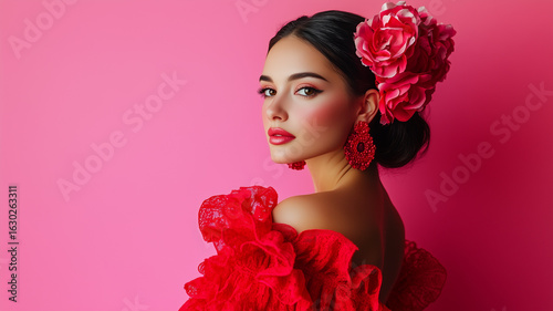 Elegant woman in red evening dress gracefully spinning on pink background