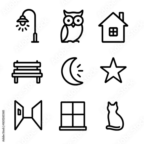 Night Lonely Icons. Outline icon set of night loneliness: empty streetlight, lone owl, quiet house, empty park bench, silent moon,