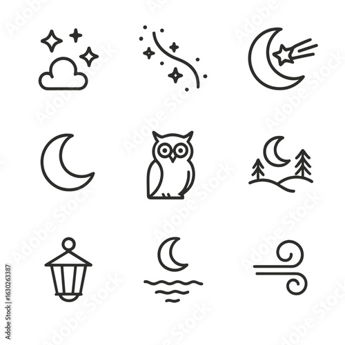 Night Sky Icons. Outline icon set of moonlight and night sky: star cluster, Milky Way band, shooting star with moon, cloud