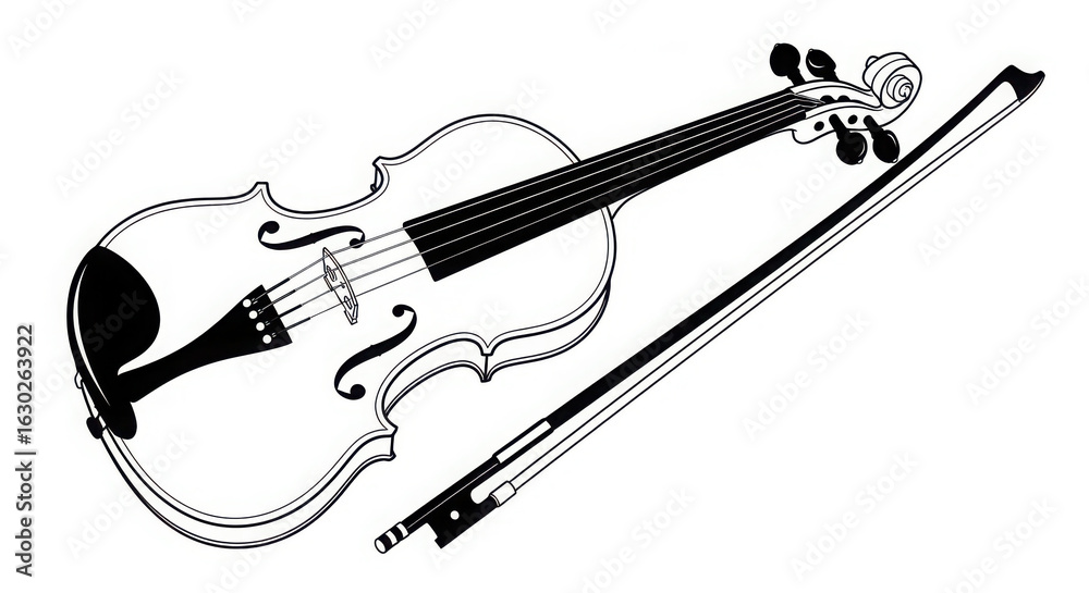 Obraz premium Classic violin and bow illustration with detailed outline