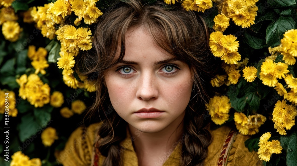 Naklejka premium Woman with blue eyes and wavy brown hair surrounded by yellow flowers creating a natural portrait