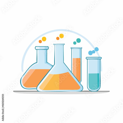 Chemical laboratory equipment with flasks and test tubes. Scientific research and experiment concept vector illustration.