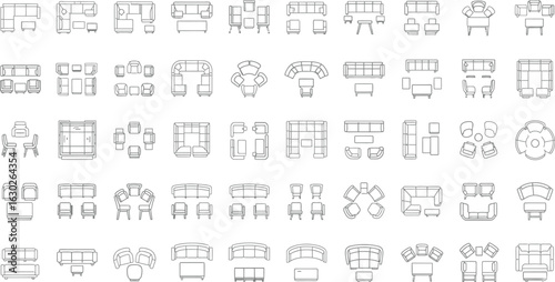 Chair Outline Top View Icon Set - Furniture Thin Line for Interior Design