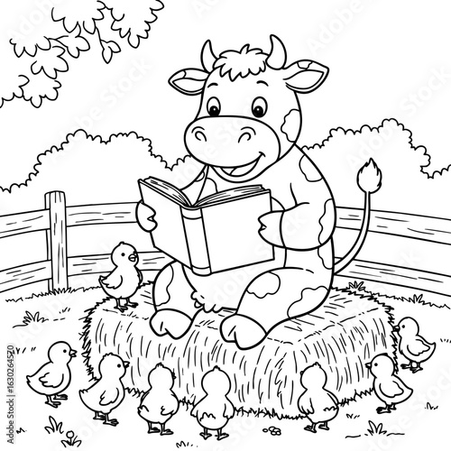 A happy cartoon cow reading a book and telling story to chicks coloring page for kids