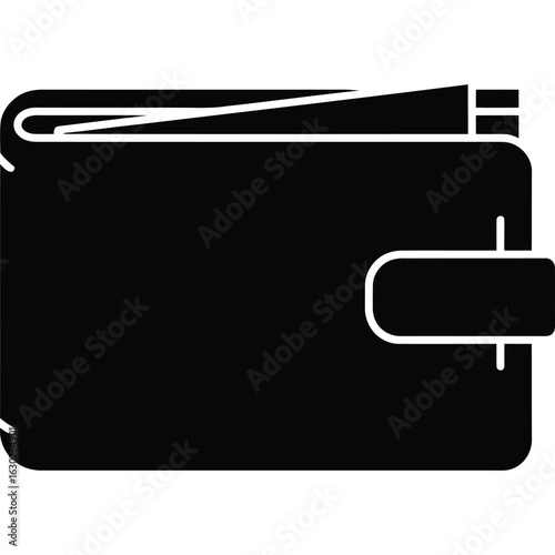 A minimalist black wallet illustration with a flap closure showing cash storage and card slots inside design silhouette