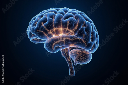 Human brain. Wireframe low poly style. Concept for medical, brain cancer, neural network.  Abstract modern 3d vector illustration on dark blue background