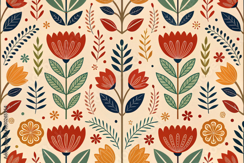 Colorful Scandinavian Folk Floral Pattern with Geometric Leaves and Blooms