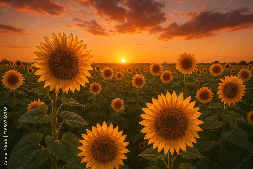 Fototapeta premium Sunflowers at sunset glow.