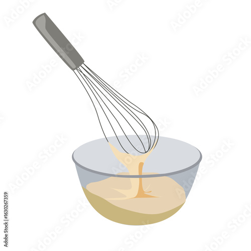 mixing custard cream. Kitchen whisk. Bowl with whisk.