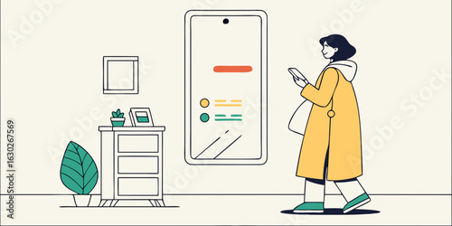  Minimalist woman using smartphone in stylish modern interior with artistic home decor