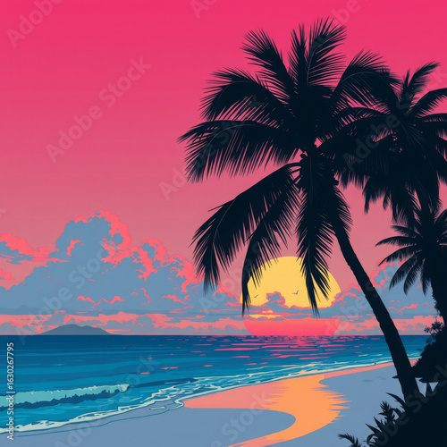A Vector  of a Palm Tree Silhouette at the Seashore at Sunset in Bold Colors