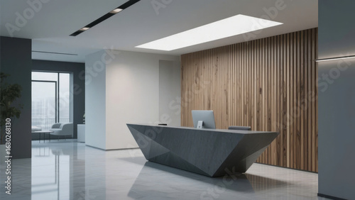 Modern Office Reception Area with Sleek Desk and Wooden Wall