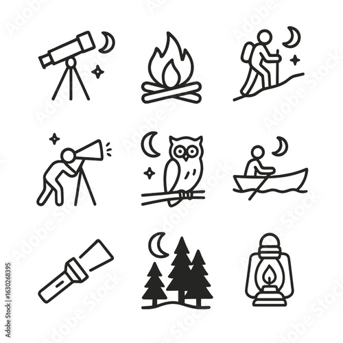 Nighttime Activity Icons. Outline icon set of night time activities: telescope, campfire, night hike, flashlight, star gazing, owl