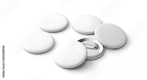 Blank white round pinback buttons scattered on a white background ready for customization