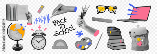 Back to school collage set on transparent background with halftone sticker elements – books, doodles, laptop, globe, pencil, and supplies. Fun and creative school themed vector.