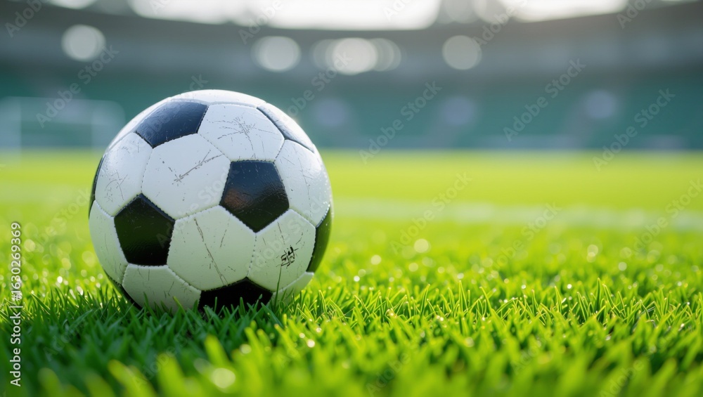 Obraz premium High-Quality Close-Up Image of Worn Soccer Ball on Green Grass Field.