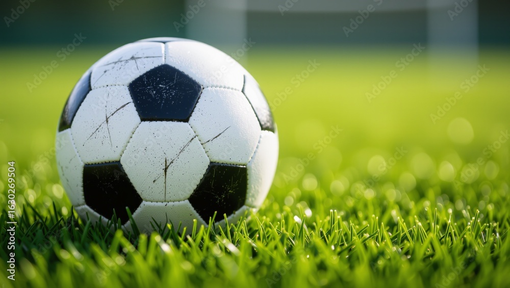Fototapeta premium High-Quality Close-Up Image of Worn Soccer Ball on Green Grass Field.