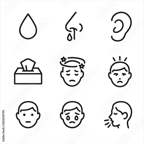 Nosebleed Symptoms Icons. Outline icon set of nosebleed symptoms: blood drop, dripping nose, red nostril, tissue, dizziness,