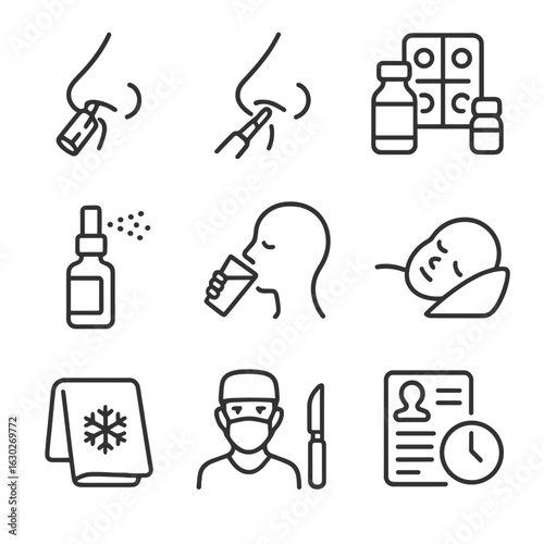 Nosebleed Treatment Icons. Outline icon set of nosebleed treatments: nasal packing, cauterization, medication, saline spray, cold