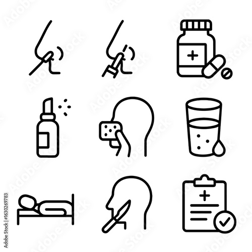 Nosebleed Treatment Icons. Outline icon set of nosebleed treatments: nasal packing, cauterization, medication, saline spray, cold