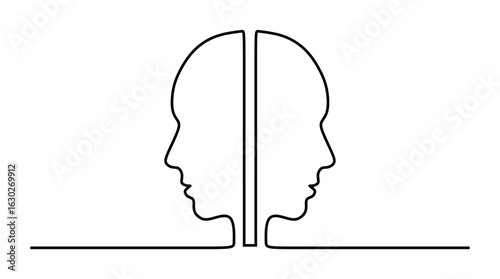 continuous line art of two human heads joined together and facing away from each other. the concept of a human being who is opposite