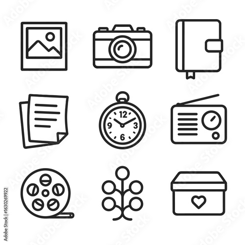 Nostalgic Memories Icons. Outline icon set of nostalgic memories: old photo, vintage camera, diary, handwritten letter, antique