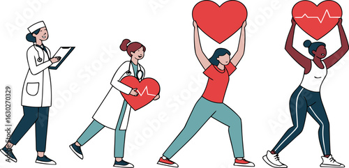 Flat character set: nurse, doctor, athlete, yoga trainer holding heart symbol – awareness role