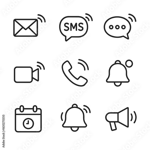 Notification Icons. Outline icon set of communication notification tones: new email tone icon, SMS alert beep, chat message ping,